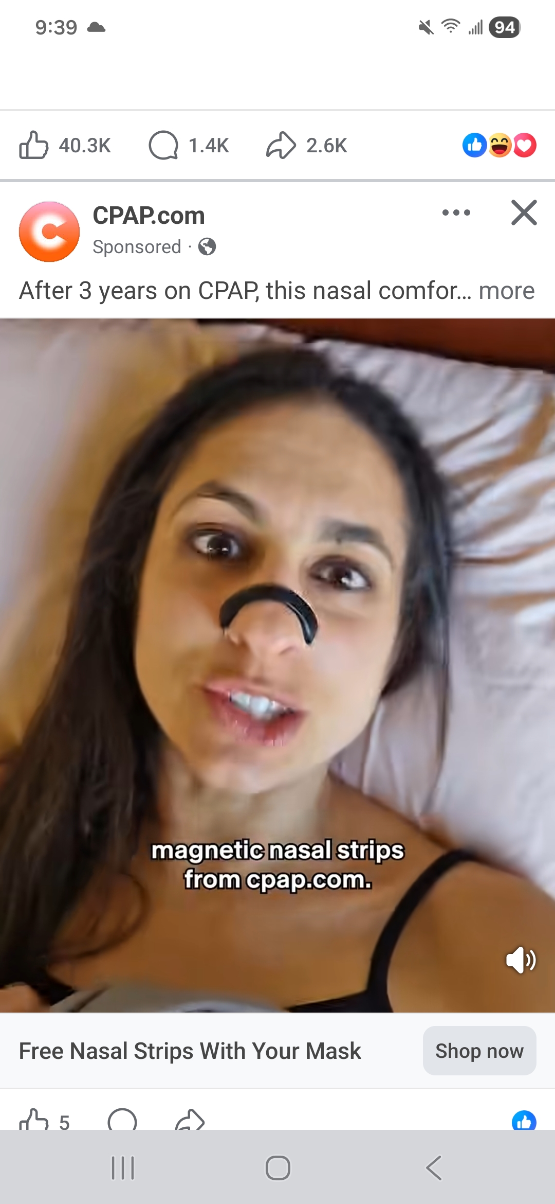 CPAP.com sponsored ad on Facebook, magnetic nasal strips creative